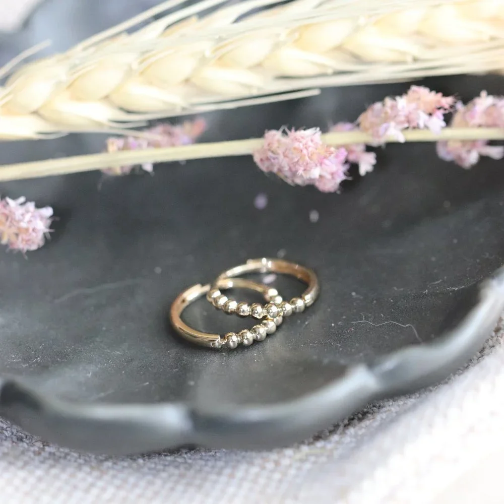 14K Yellow Gold Thin Beade Huggie Hoops "the Simple Things" by BrightlyandLilian - Picture 4 of 5